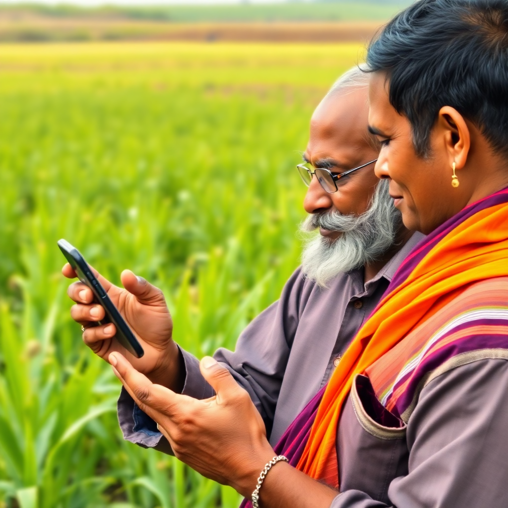 Indian farmers using mobile phones in agricultural field, rural technology adoption, farming community