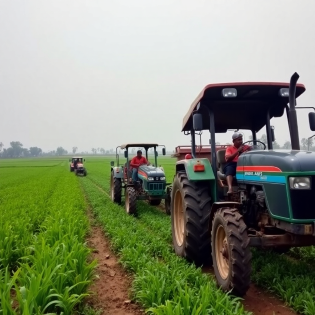 Indian farmers working in agricultural field with tractors and farming equipment, vibrant green crops, rural landscape